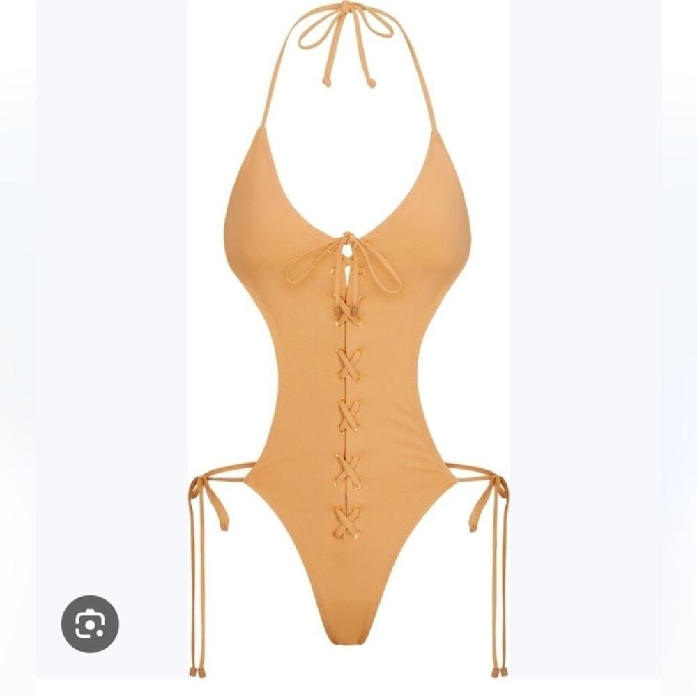 Women’s Tan Lace-Up One-Piece Swimsuit - Halter Tie